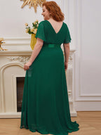 MONICA|Vestido largo de dama de honor con cintura imperial y mangas cortas con vuelo
