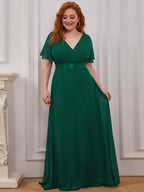 MONICA|Vestido largo de dama de honor con cintura imperial y mangas cortas con vuelo
