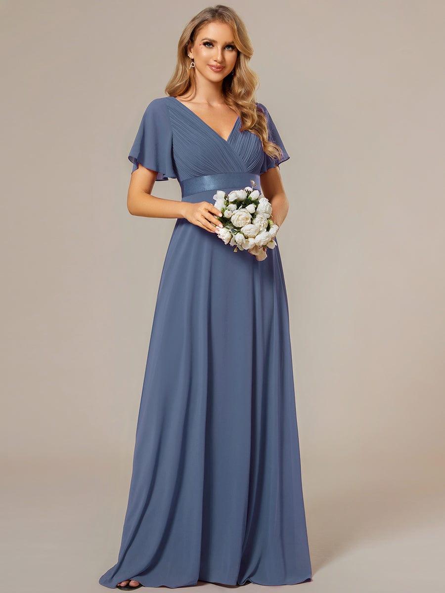 MONICA|Vestido largo de dama de honor con cintura imperial y mangas cortas con vuelo