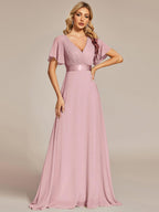 MONICA|Vestido largo de dama de honor con cintura imperial y mangas cortas con vuelo