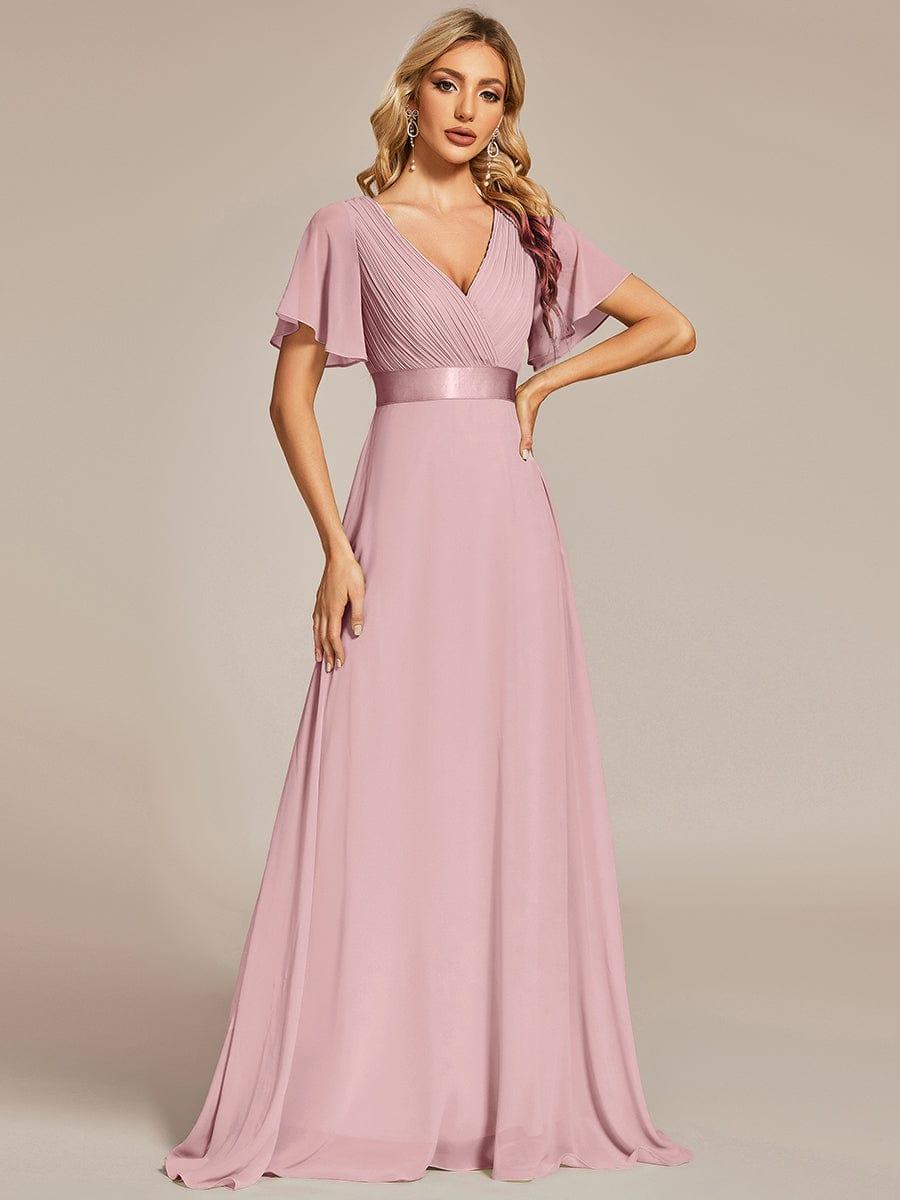 MONICA|Vestido largo de dama de honor con cintura imperial y mangas cortas con vuelo