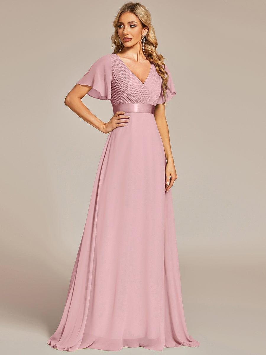 MONICA|Vestido largo de dama de honor con cintura imperial y mangas cortas con vuelo