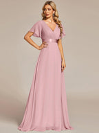 MONICA|Vestido largo de dama de honor con cintura imperial y mangas cortas con vuelo