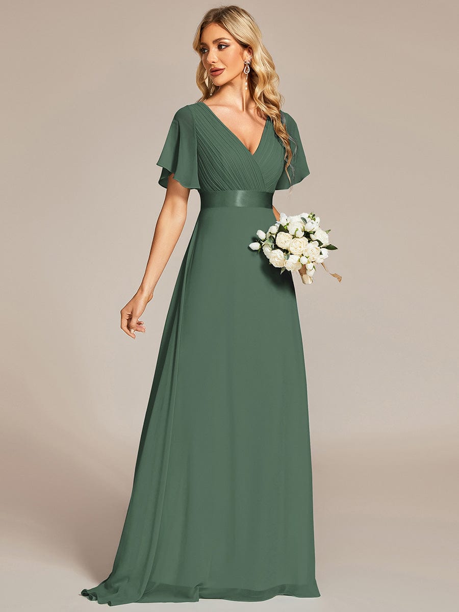 MONICA|Vestido largo de dama de honor con cintura imperial y mangas cortas con vuelo