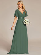 MONICA|Vestido largo de dama de honor con cintura imperial y mangas cortas con vuelo