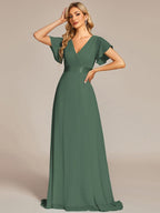 MONICA|Vestido largo de dama de honor con cintura imperial y mangas cortas con vuelo
