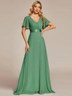 MONICA|Vestido largo de dama de honor con cintura imperial y mangas cortas con vuelo