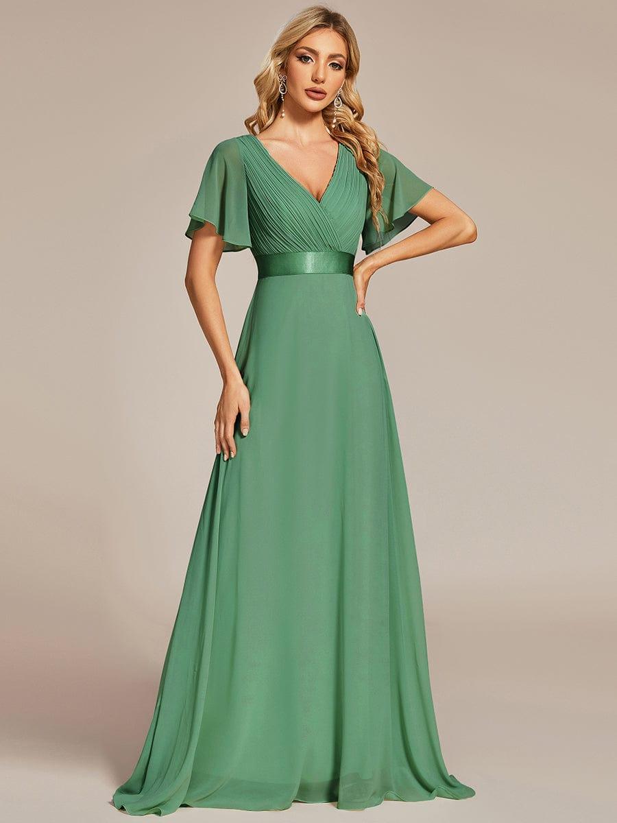 MONICA|Vestido largo de dama de honor con cintura imperial y mangas cortas con vuelo