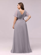 MONICA|Vestido largo de dama de honor con cintura imperial y mangas cortas con vuelo