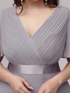 MONICA|Vestido largo de dama de honor con cintura imperial y mangas cortas con vuelo