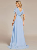 MONICA|Vestido largo de dama de honor con cintura imperial y mangas cortas con vuelo