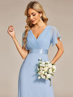 MONICA|Vestido largo de dama de honor con cintura imperial y mangas cortas con vuelo