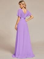 MONICA|Vestido largo de dama de honor con cintura imperial y mangas cortas con vuelo