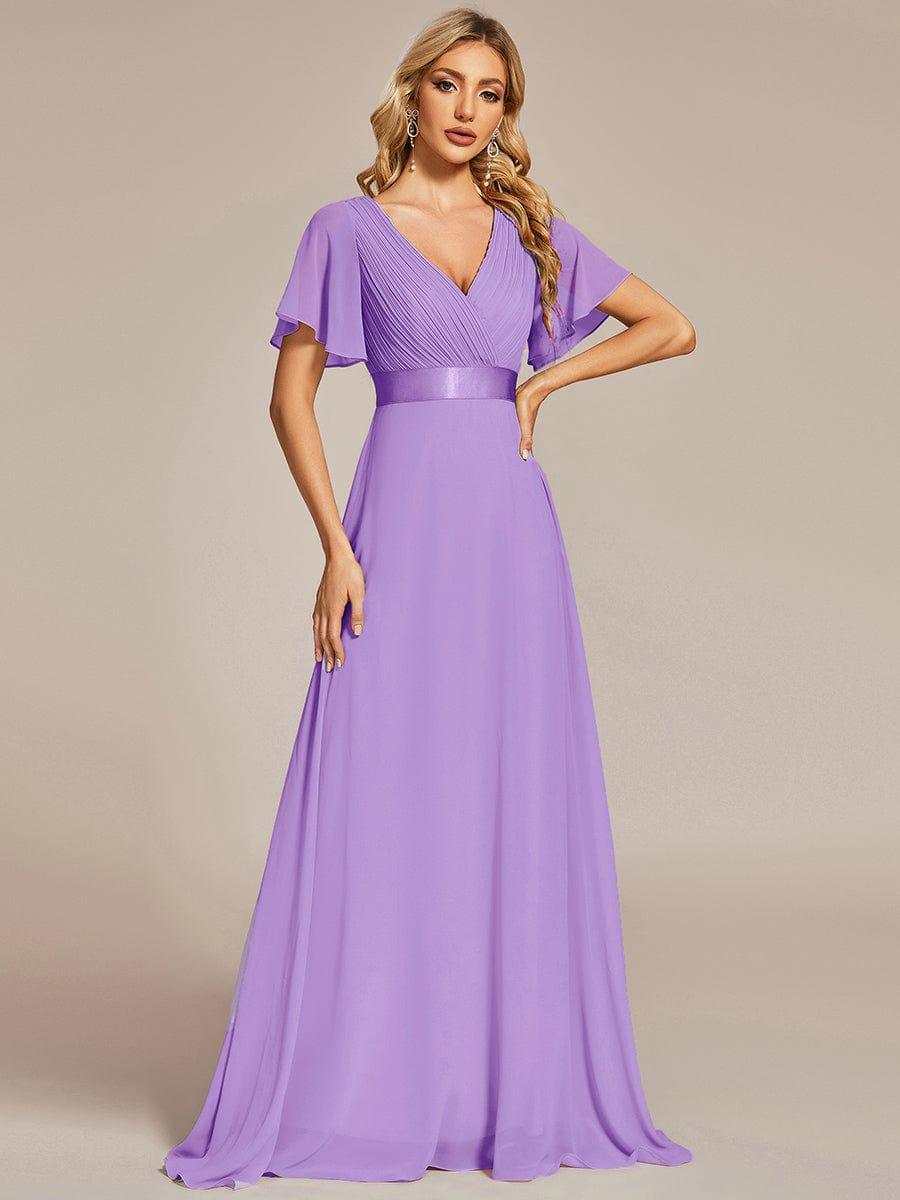 MONICA|Vestido largo de dama de honor con cintura imperial y mangas cortas con vuelo