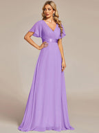 MONICA|Vestido largo de dama de honor con cintura imperial y mangas cortas con vuelo