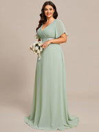 MONICA|Vestido largo de dama de honor con cintura imperial y mangas cortas con vuelo