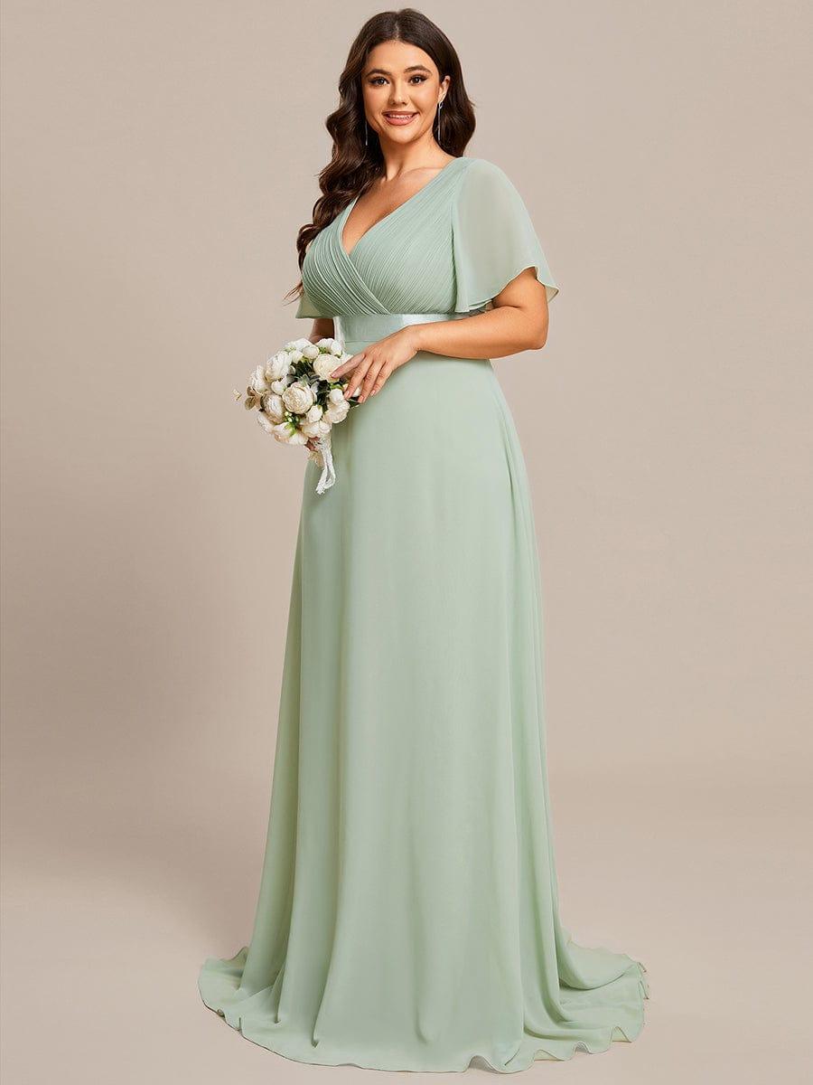 MONICA|Vestido largo de dama de honor con cintura imperial y mangas cortas con vuelo