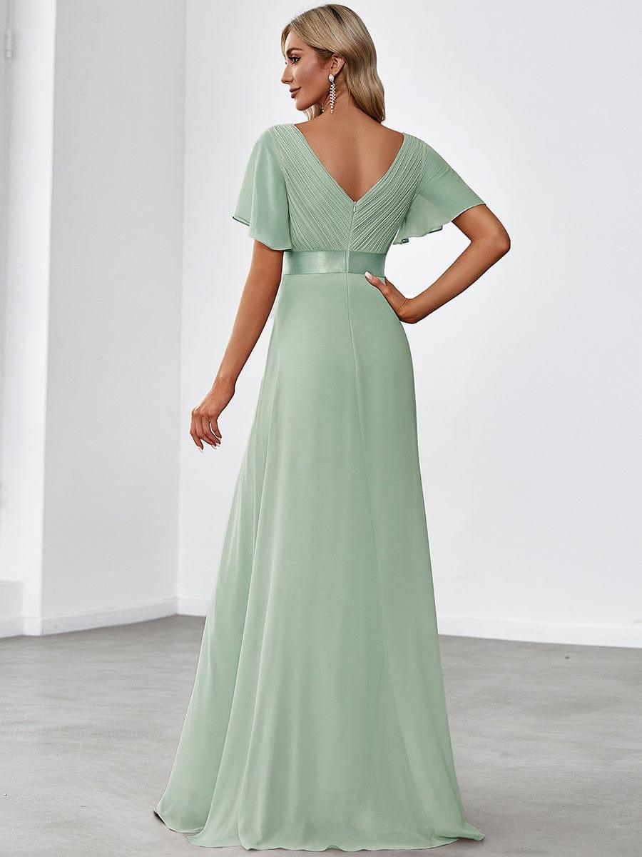 MONICA|Vestido largo de dama de honor con cintura imperial y mangas cortas con vuelo