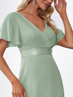 MONICA|Vestido largo de dama de honor con cintura imperial y mangas cortas con vuelo