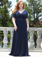 MONICA|Vestido largo de dama de honor con cintura imperial y mangas cortas con vuelo