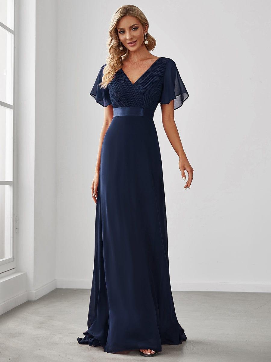 MONICA|Vestido largo de dama de honor con cintura imperial y mangas cortas con vuelo