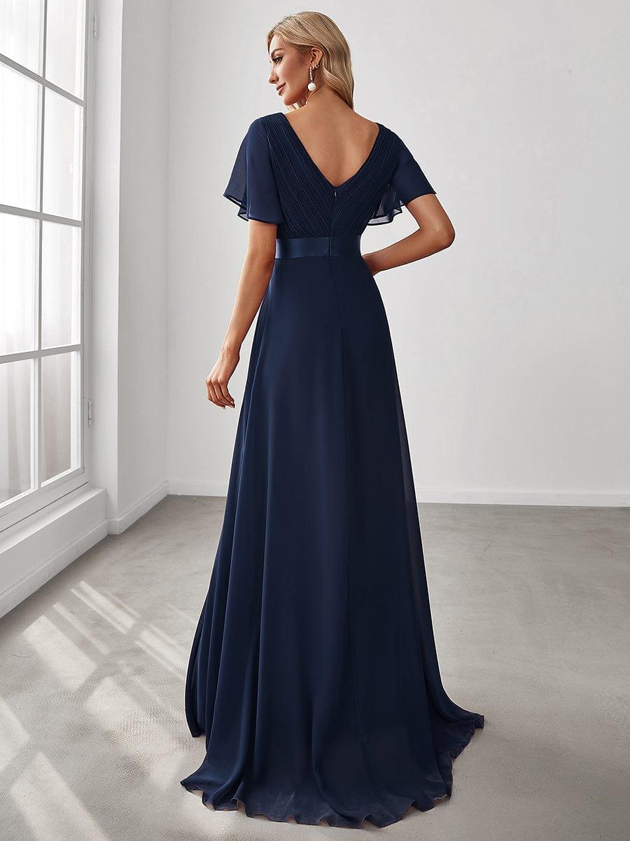 MONICA|Vestido largo de dama de honor con cintura imperial y mangas cortas con vuelo