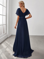 MONICA|Vestido largo de dama de honor con cintura imperial y mangas cortas con vuelo