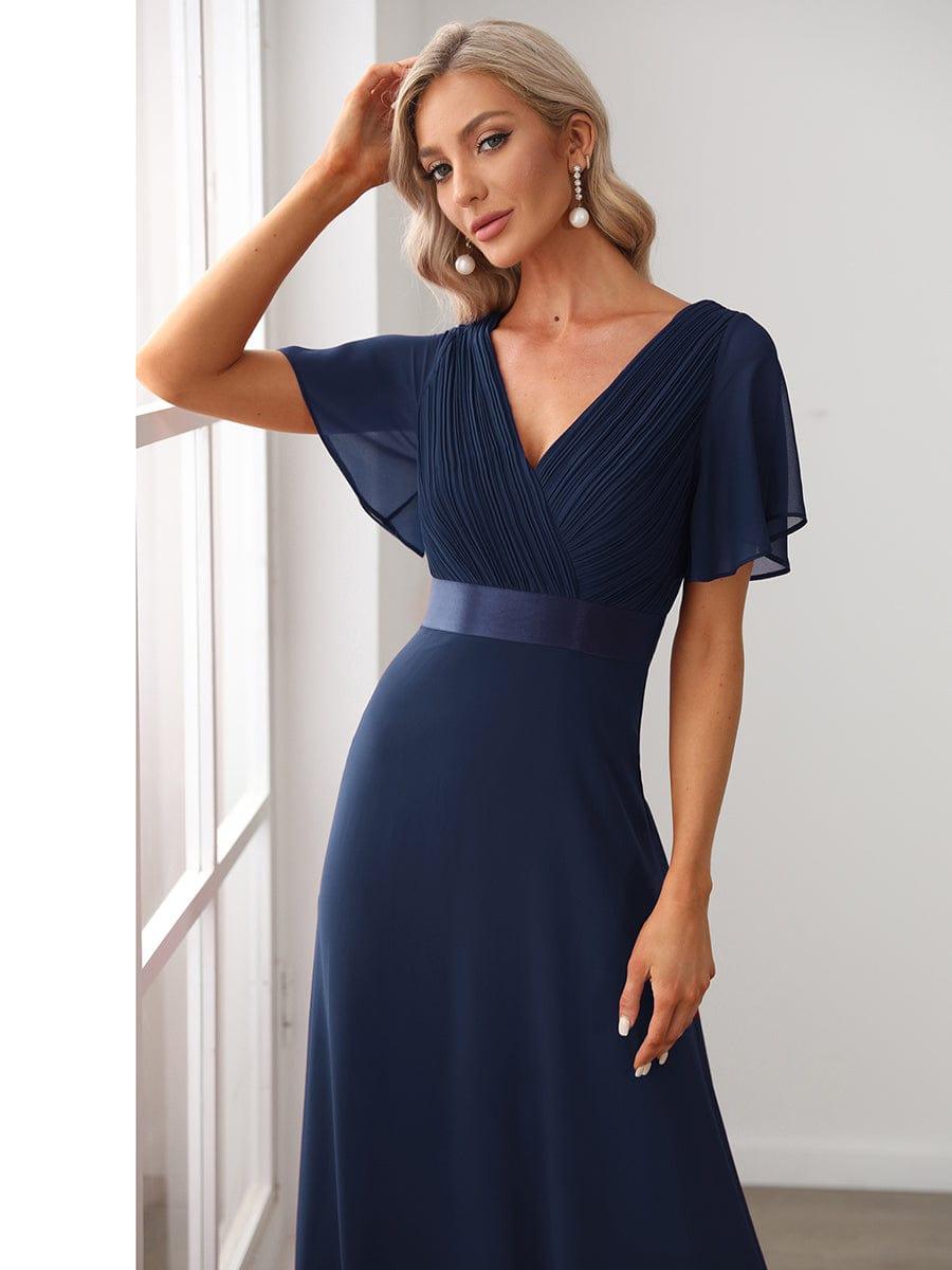 MONICA|Vestido largo de dama de honor con cintura imperial y mangas cortas con vuelo