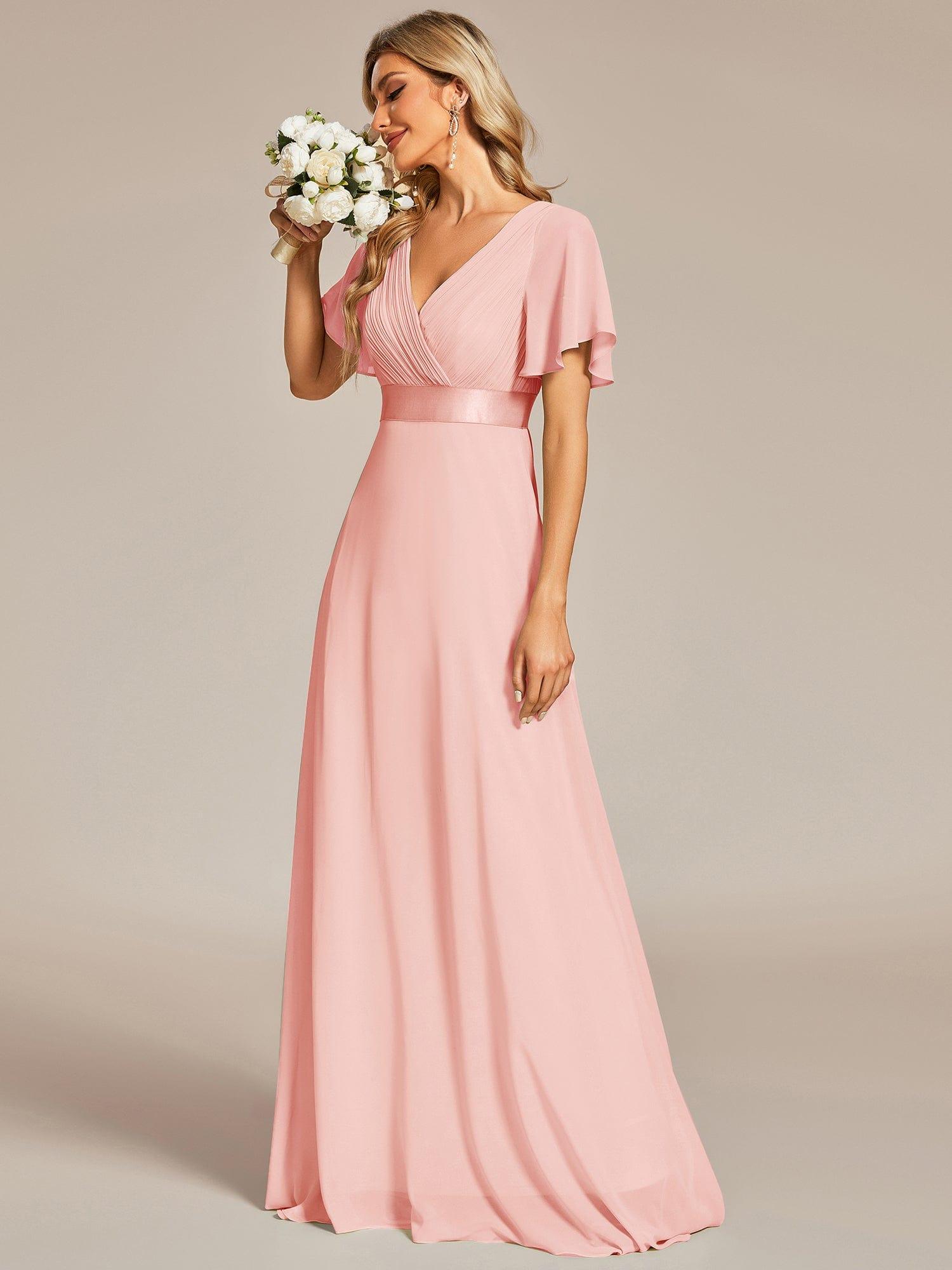MONICA|Vestido largo de dama de honor con cintura imperial y mangas cortas con vuelo