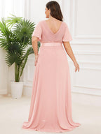 MONICA|Vestido largo de dama de honor con cintura imperial y mangas cortas con vuelo