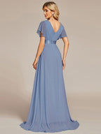 MONICA|Vestido largo de dama de honor con cintura imperial y mangas cortas con vuelo