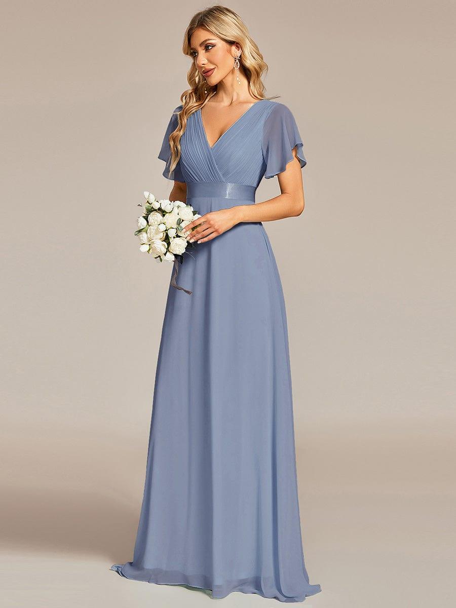 MONICA|Vestido largo de dama de honor con cintura imperial y mangas cortas con vuelo