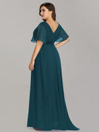 MONICA|Vestido largo de dama de honor con cintura imperial y mangas cortas con vuelo