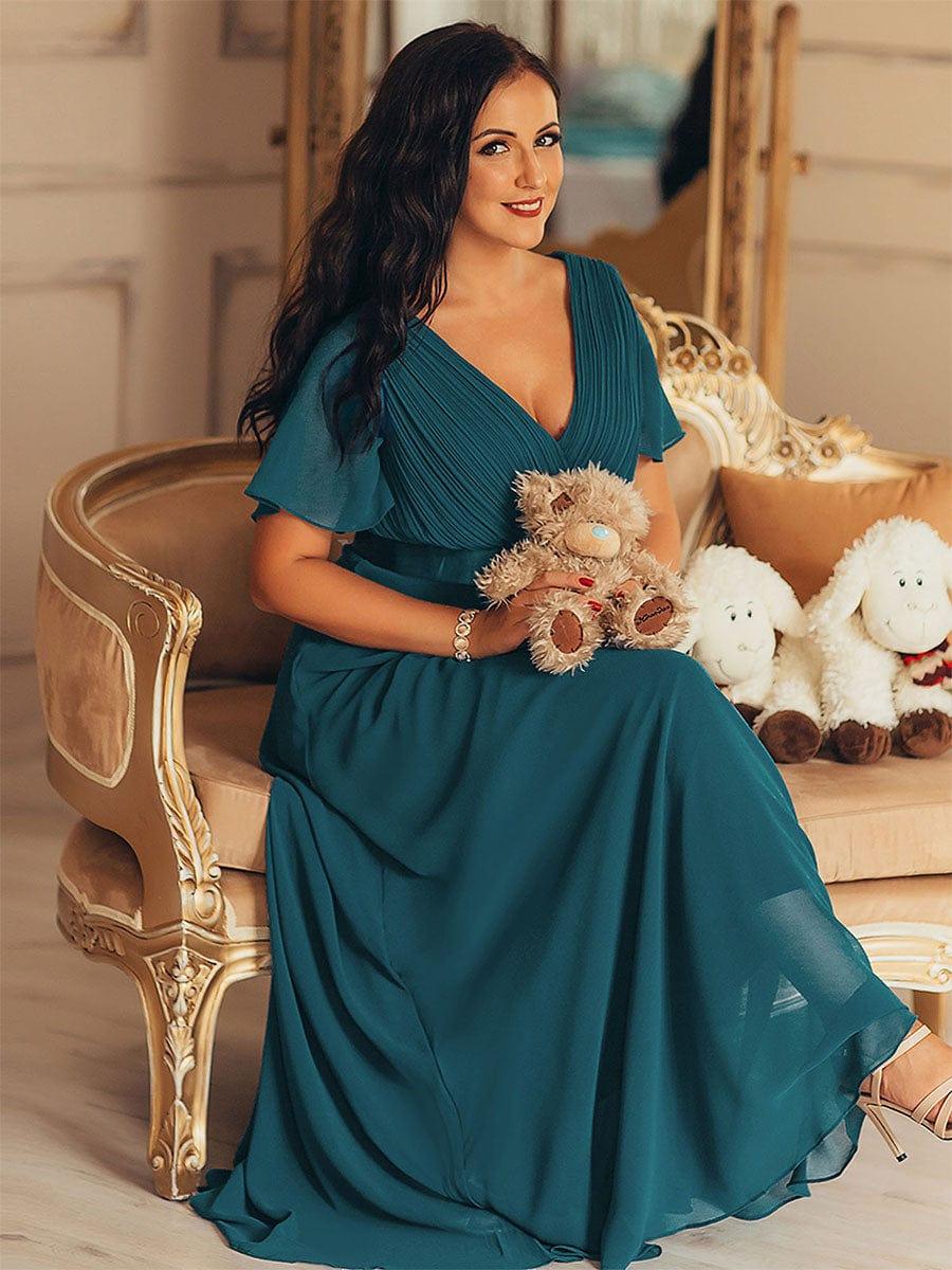 MONICA|Vestido largo de dama de honor con cintura imperial y mangas cortas con vuelo
