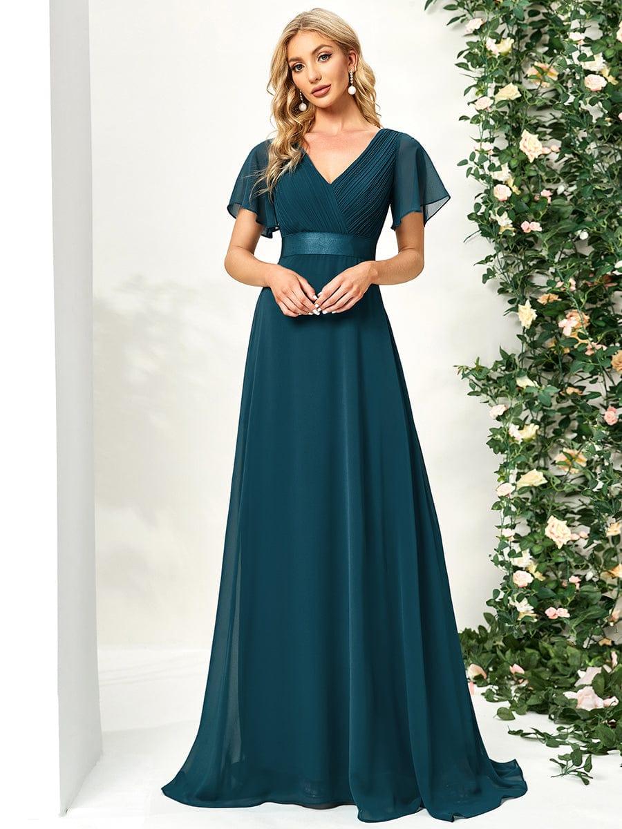 MONICA|Vestido largo de dama de honor con cintura imperial y mangas cortas con vuelo