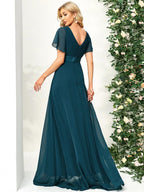 MONICA|Vestido largo de dama de honor con cintura imperial y mangas cortas con vuelo