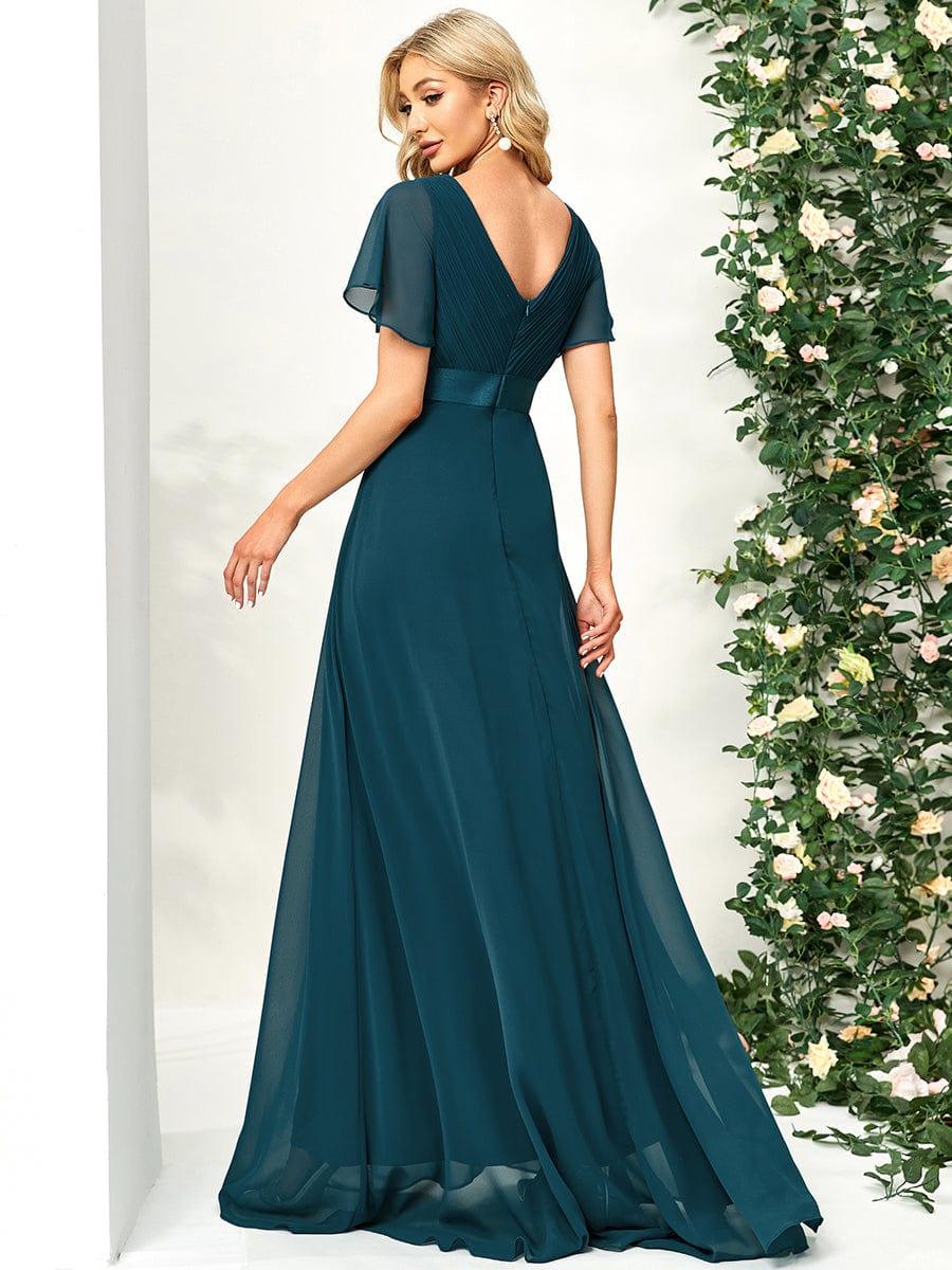 MONICA|Vestido largo de dama de honor con cintura imperial y mangas cortas con vuelo
