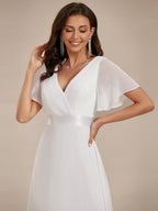 MONICA|Vestido largo de dama de honor con cintura imperial y mangas cortas con vuelo