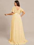 MONICA|Vestido largo de dama de honor con cintura imperial y mangas cortas con vuelo
