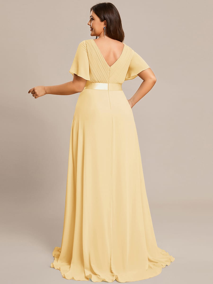 MONICA|Vestido largo de dama de honor con cintura imperial y mangas cortas con vuelo