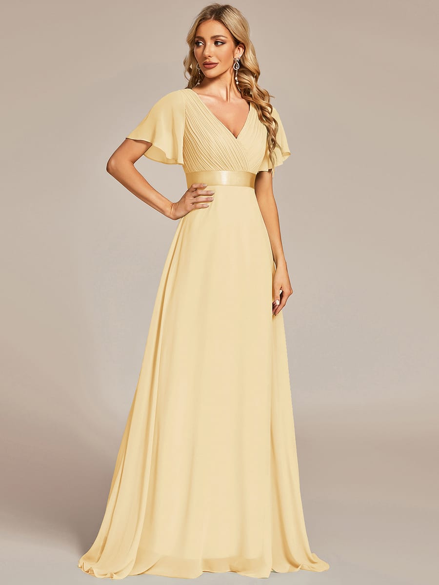 MONICA|Vestido largo de dama de honor con cintura imperial y mangas cortas con vuelo