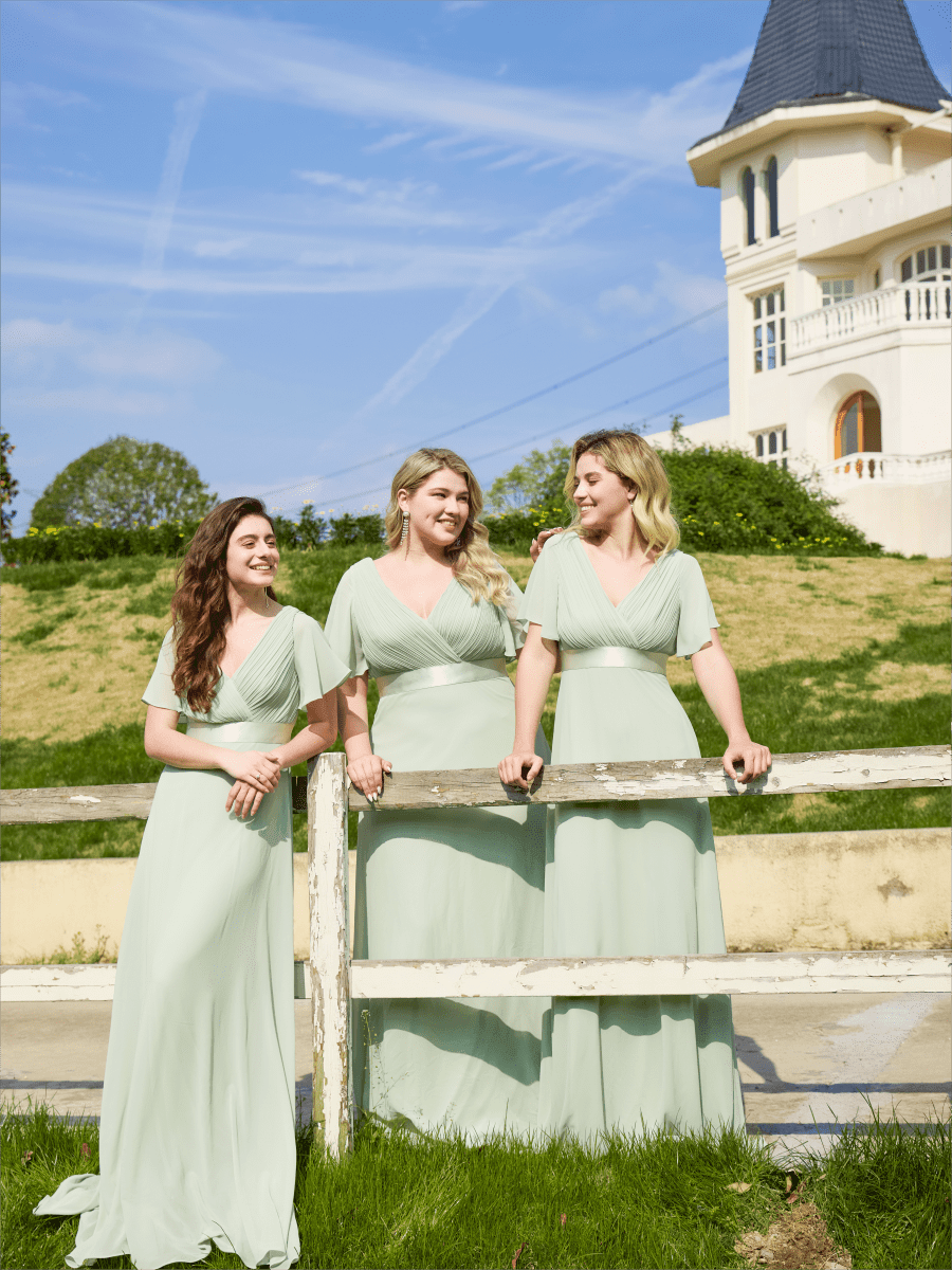 MONICA|Vestido largo de dama de honor con cintura imperial y mangas cortas con vuelo