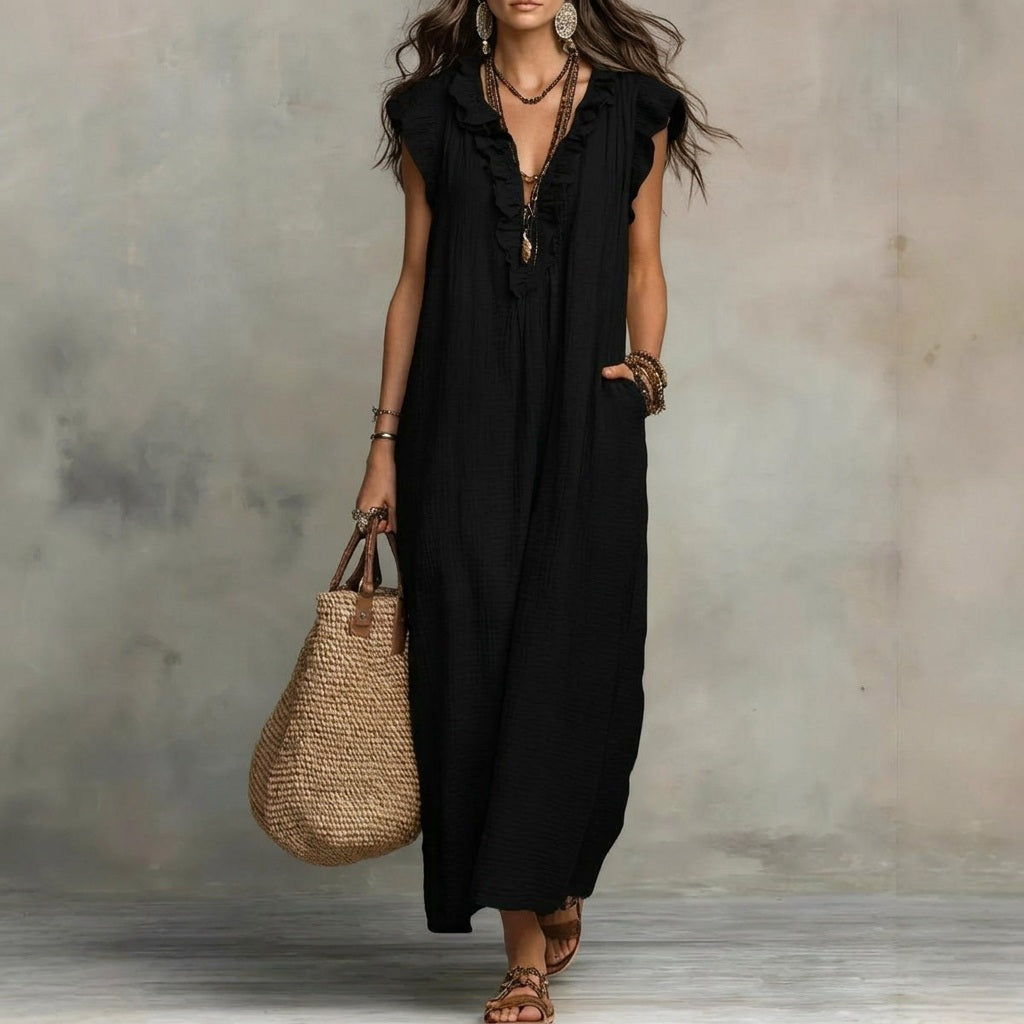 Josefina™  | Vestido largo con textura de lino con escote en pico y volantes