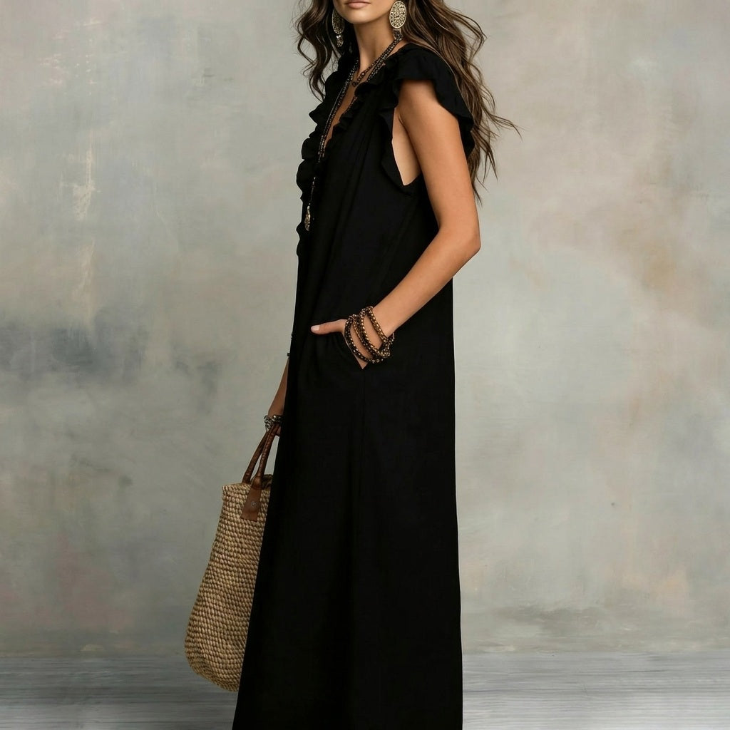 Josefina™  | Vestido largo con textura de lino con escote en pico y volantes