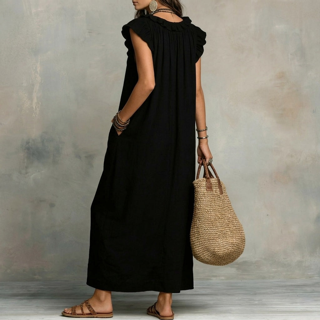 Josefina™  | Vestido largo con textura de lino con escote en pico y volantes