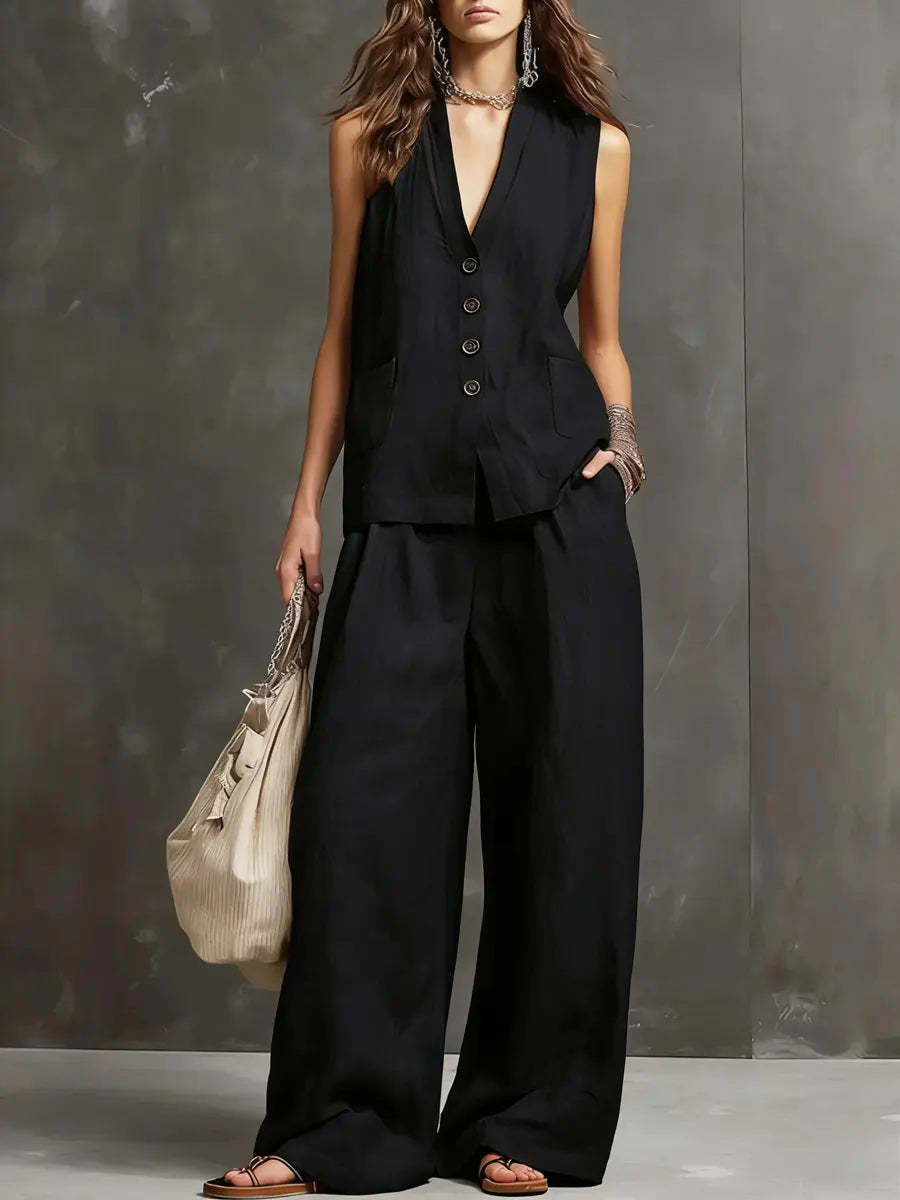 Conjunto de dos piezas con chaleco sin mangas y pantalón de pierna ancha.