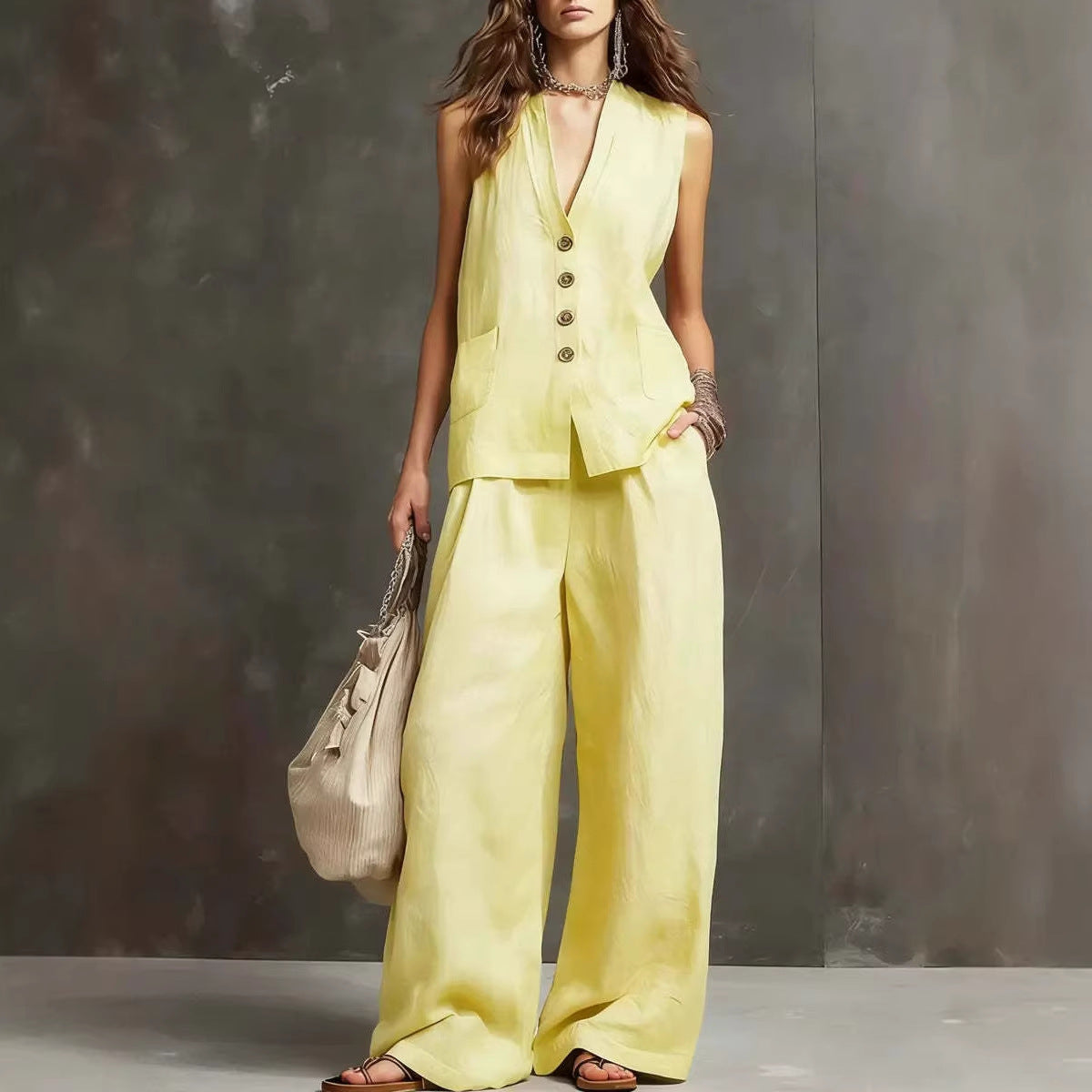 Conjunto de dos piezas con chaleco sin mangas y pantalón de pierna ancha.