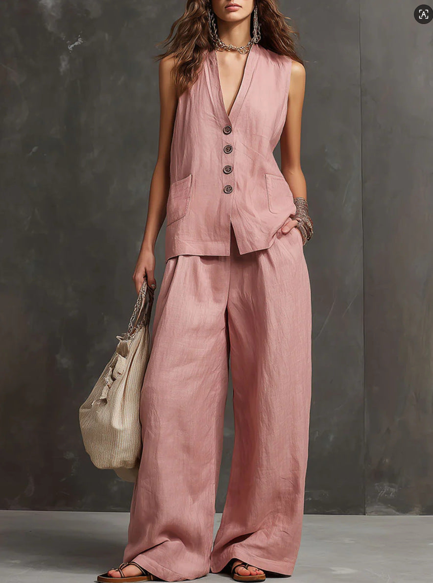 Conjunto de dos piezas con chaleco sin mangas y pantalón de pierna ancha.