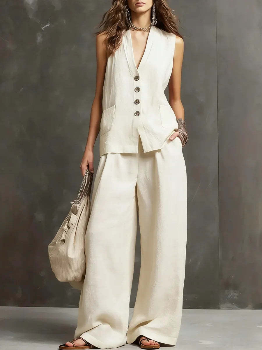 Conjunto de dos piezas con chaleco sin mangas y pantalón de pierna ancha.