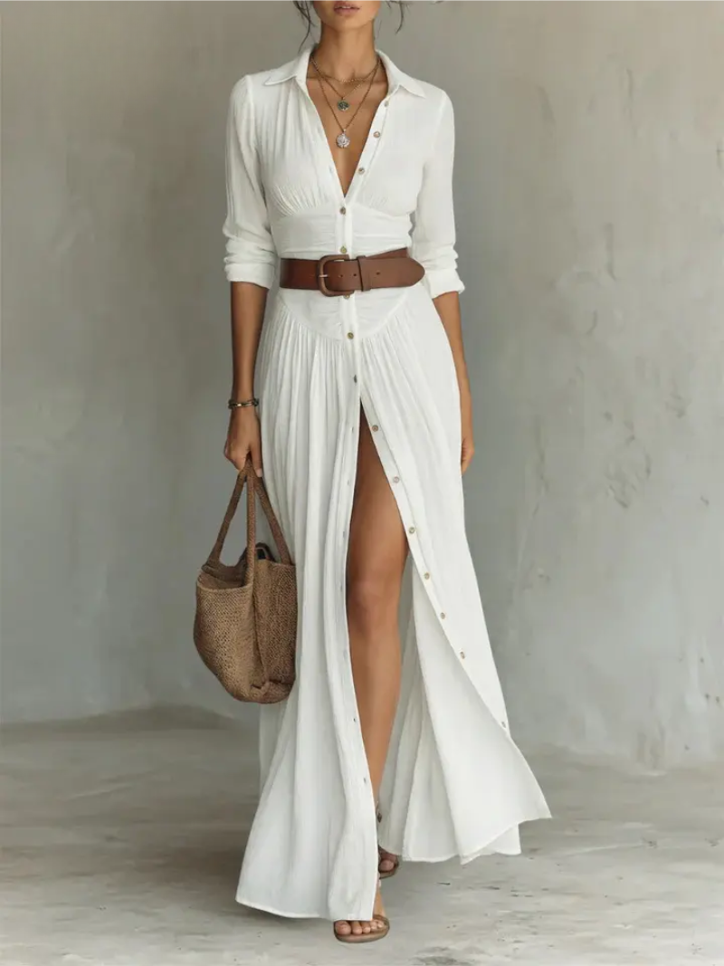 Vestido maxi largo de lino para mujer con cuello tipo solapa y mangas largas